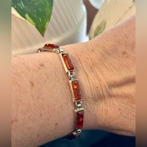 Vintage Sterling Silver Baltic Amber Link Bracelet – 7”